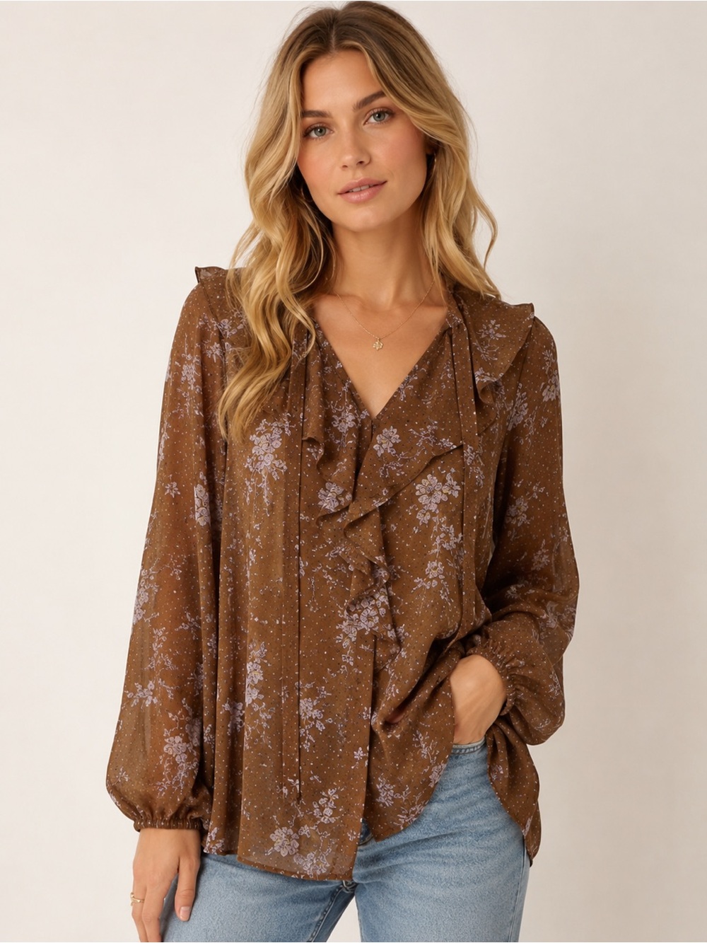Free People Brown Floral Ruffle Blouse – Size Medium